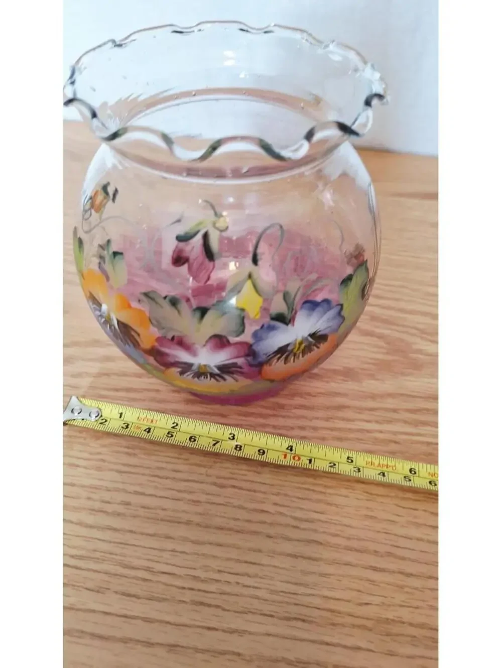 Vintage Hand Painted Pansy Glass Rose Bowl Vase - Ruffled Cranberry Glass - 5